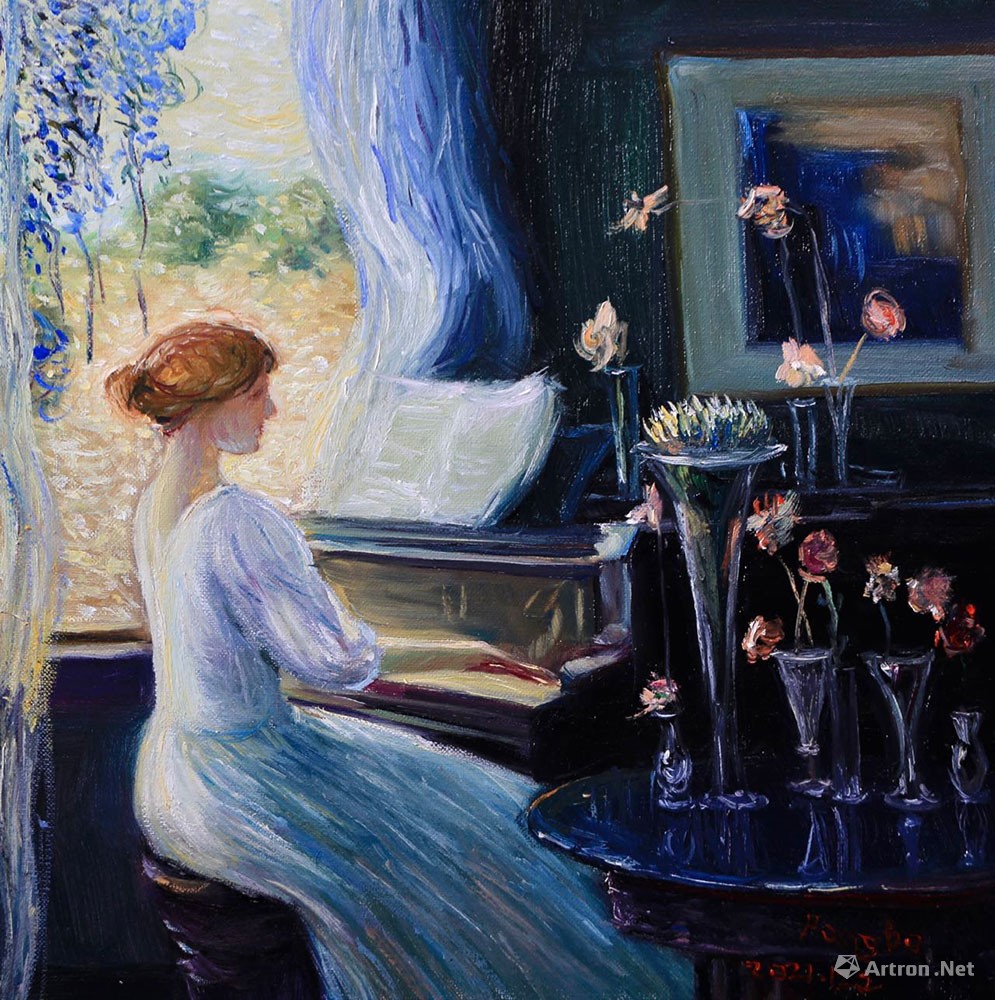 坐在钢琴前的女子油画图片
