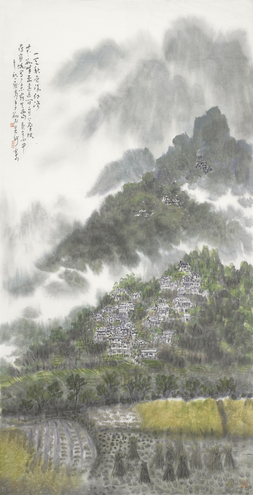 一天秋色流乡湾，无数峰峦远近间，自上野坡寻画境，写了东岭失西山