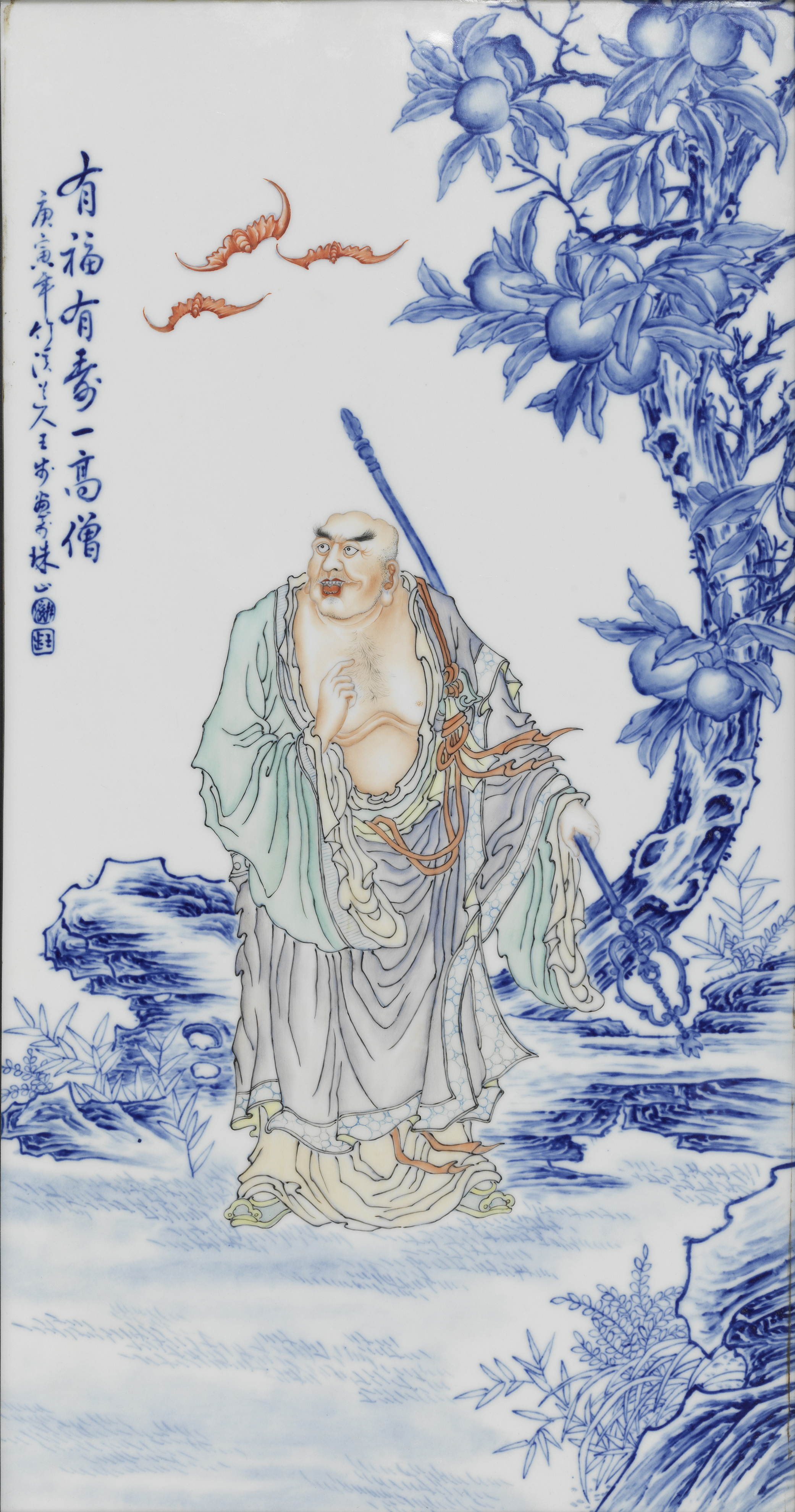 民国王步青花粉彩瓷板
