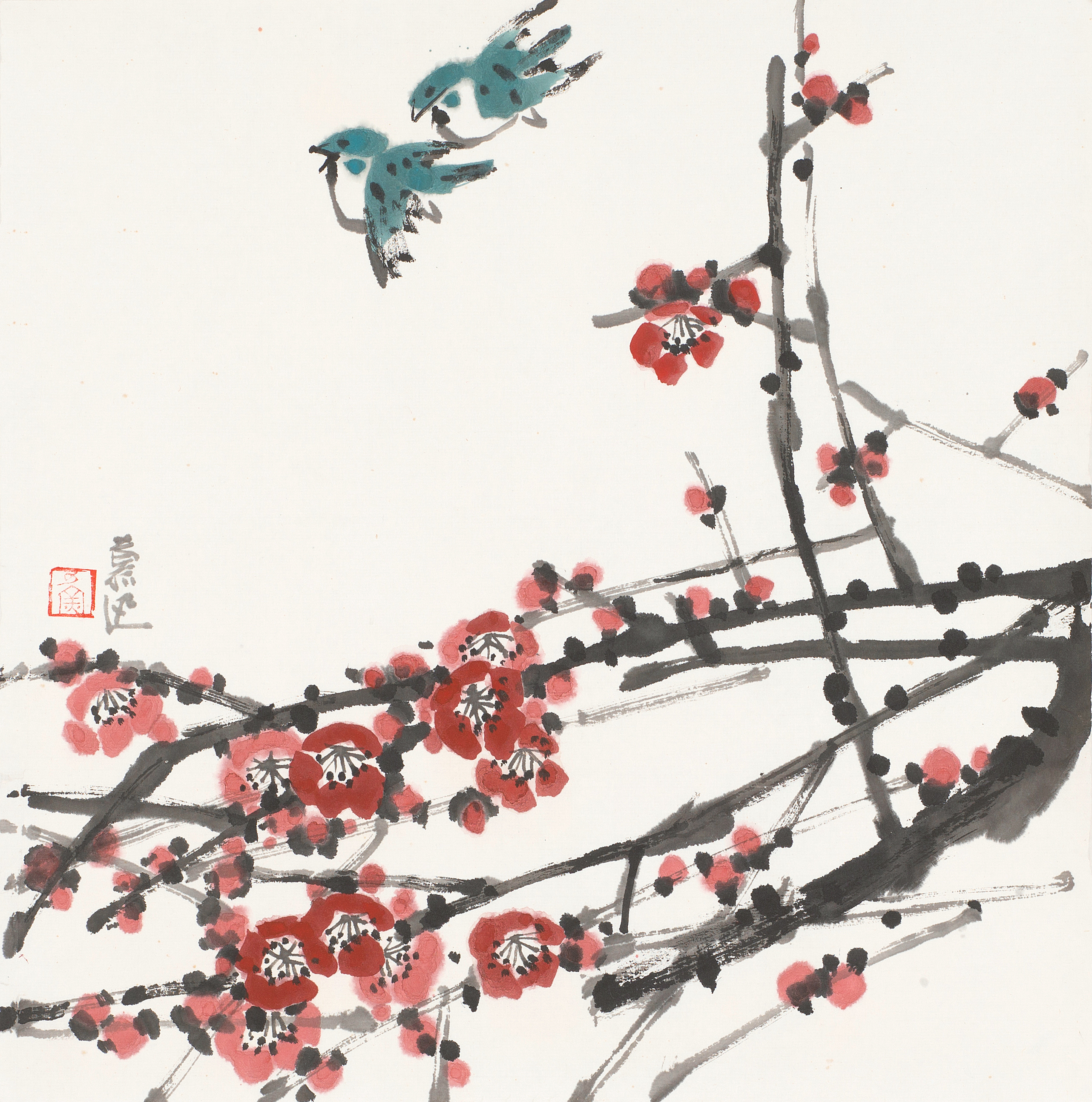 红梅对鸟图