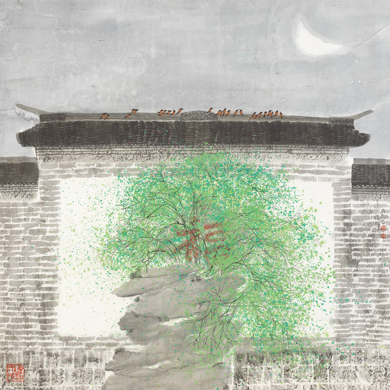 小院晨曲雀争春