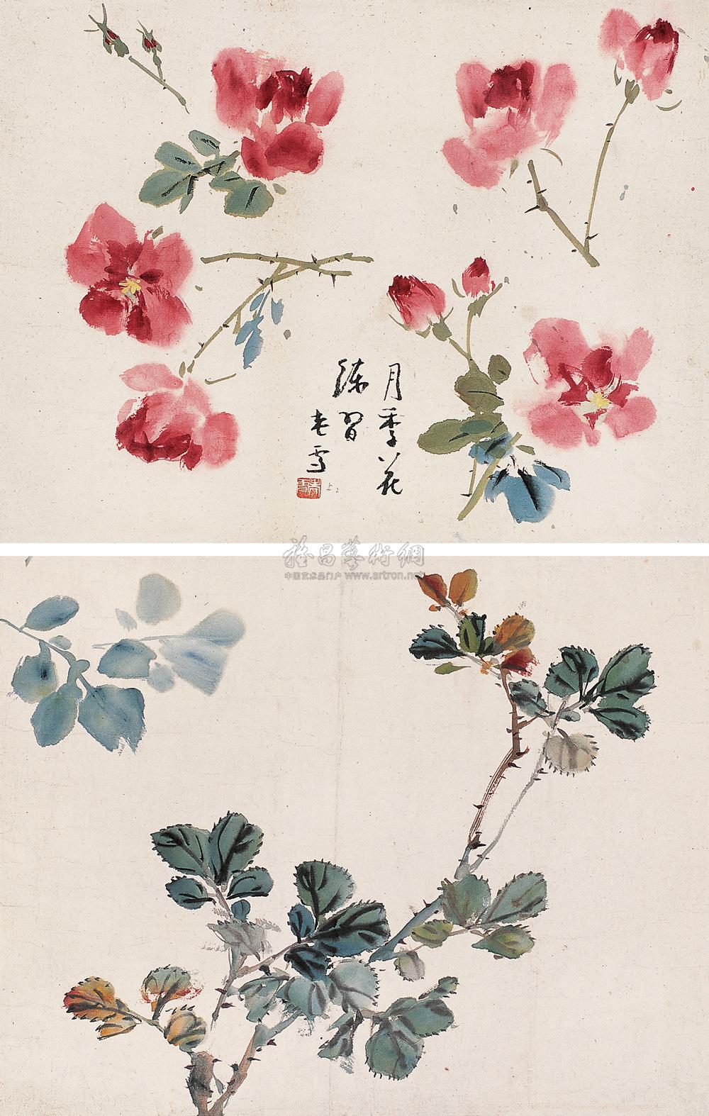 0464 月季双挖 立轴 设色纸本