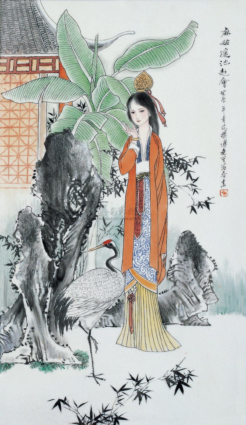 22091993年作傅尧笙麻姑遥池赴会粉彩瓷板