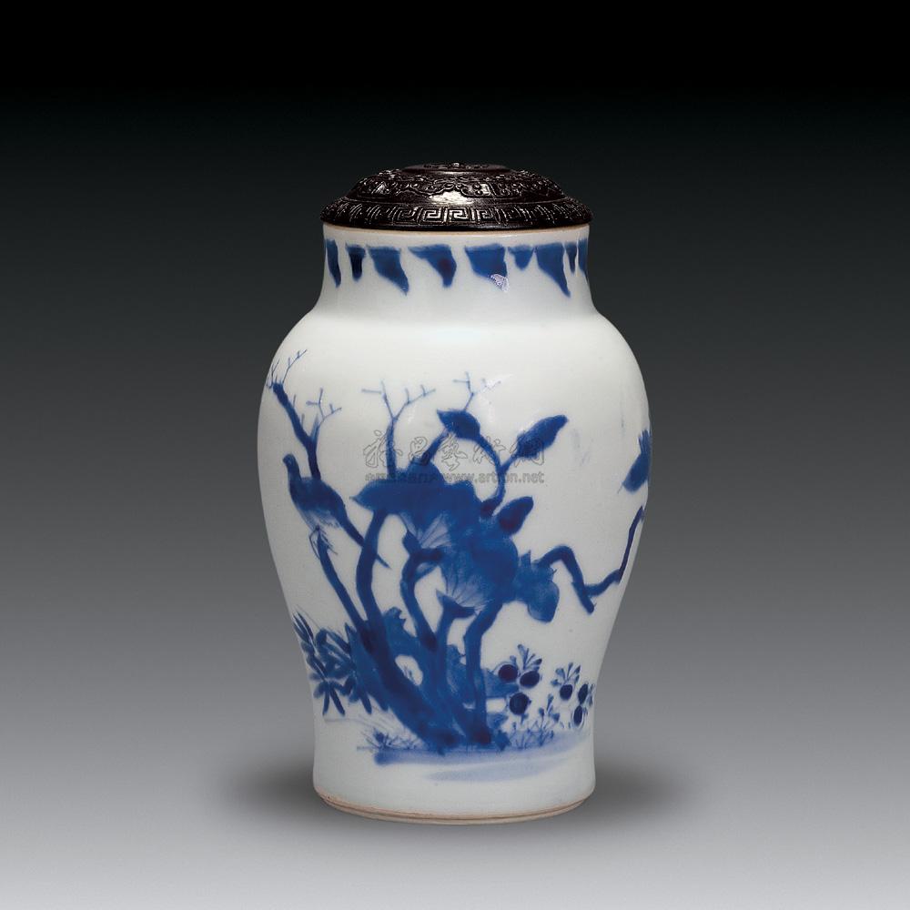 0049明崇祯青花花鸟纹莲子罐