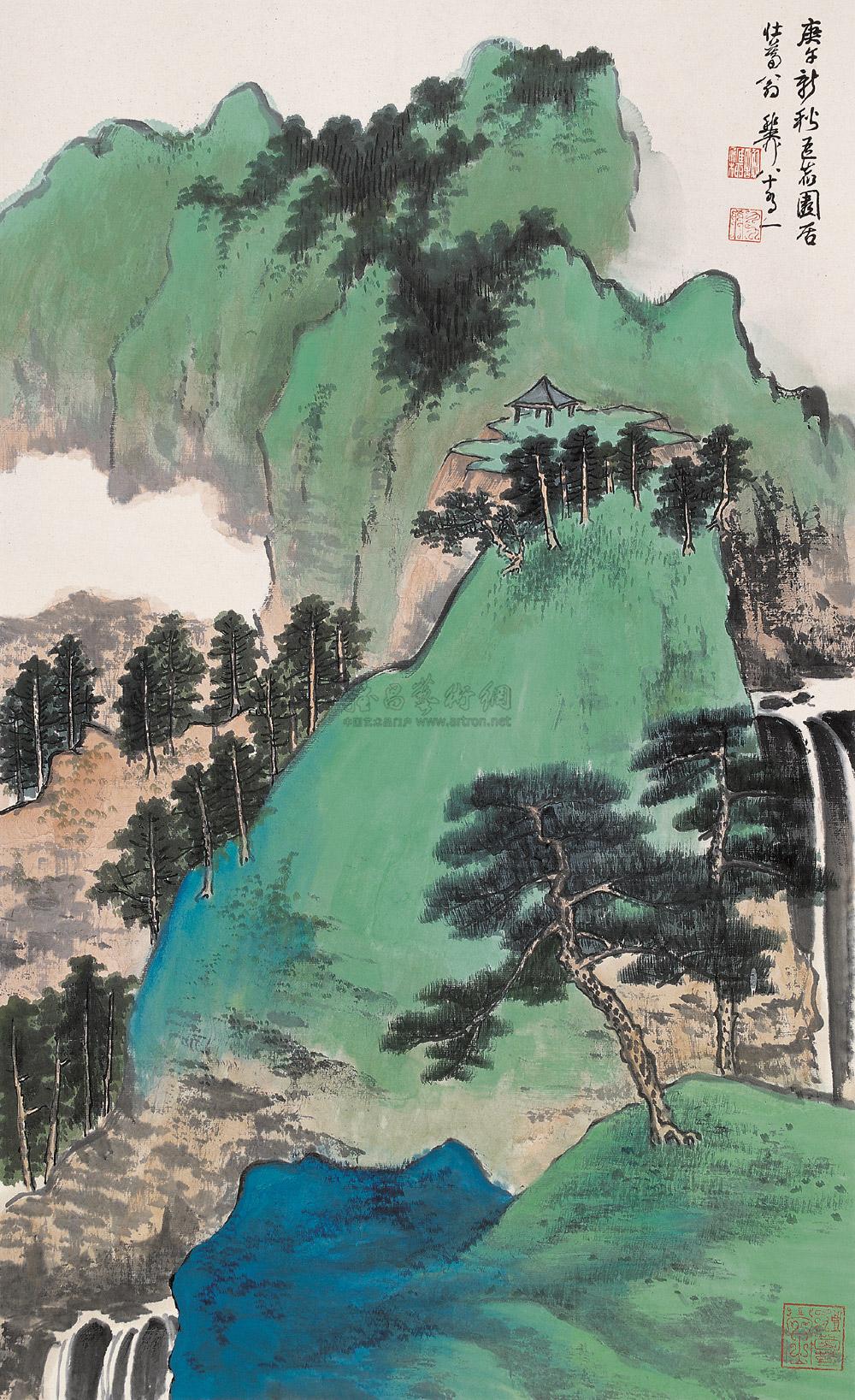 0136 庚午(1990年)作 青绿山水 立轴 纸本