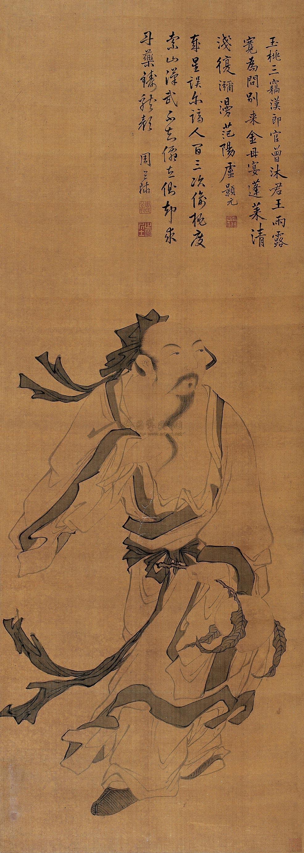 1442东方朔献桃立轴绢本