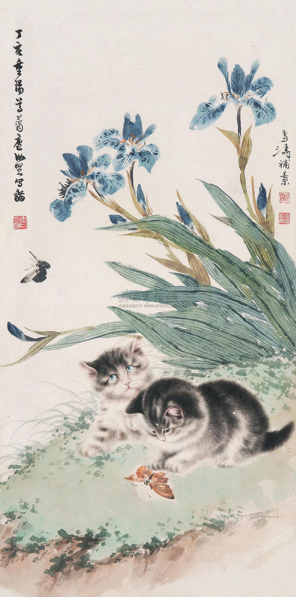 15351947年作双猫蝴蝶花图镜心设色纸本