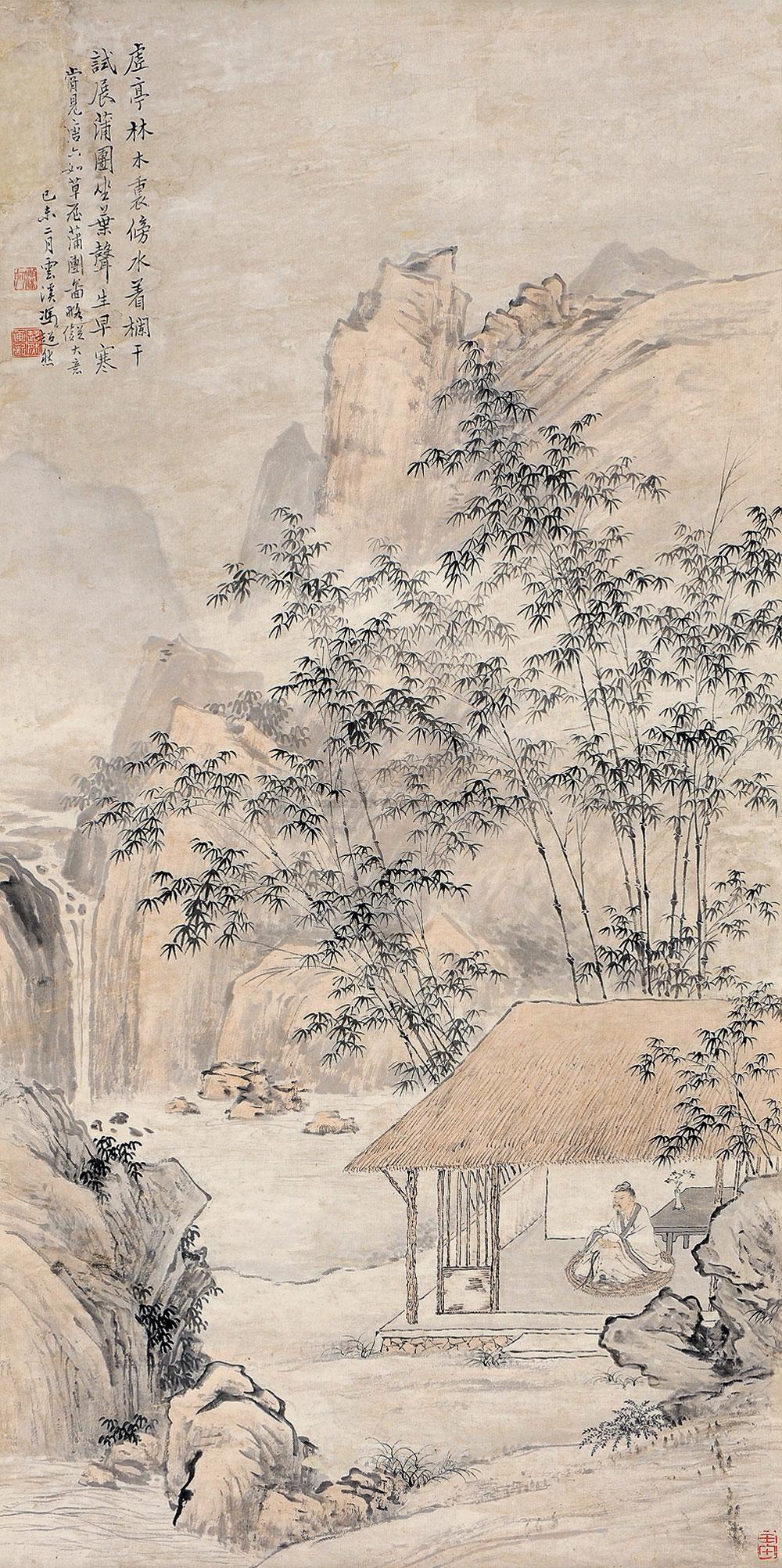0075己未1919年作拟唐六如草屋蒲团图立轴设色纸本