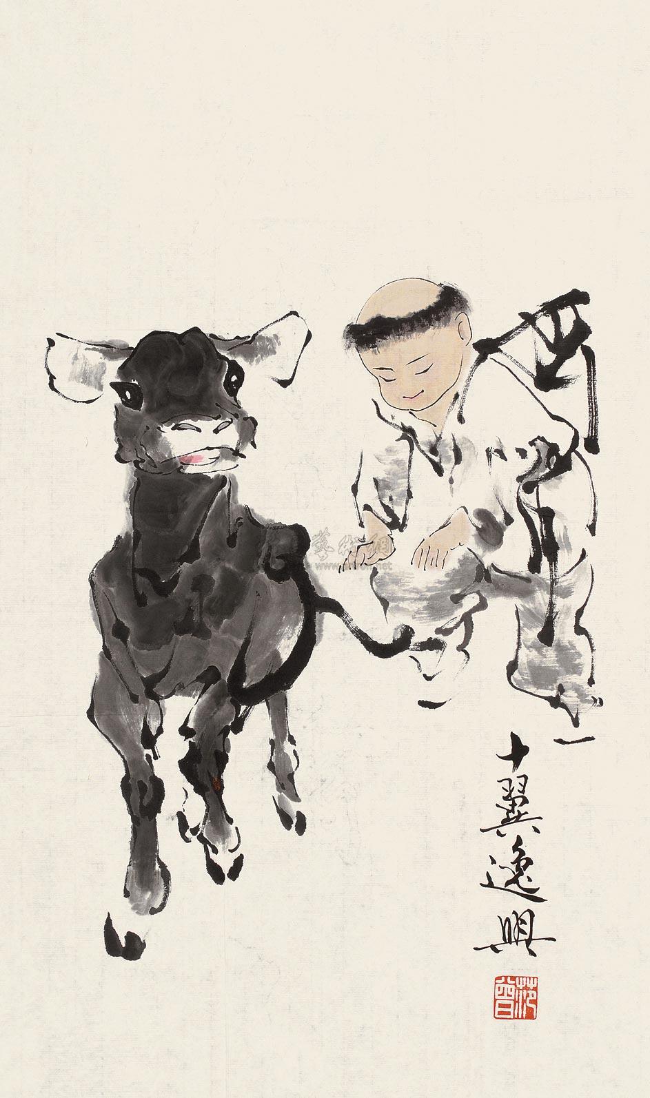 0895童子牧牛镜心设色纸本