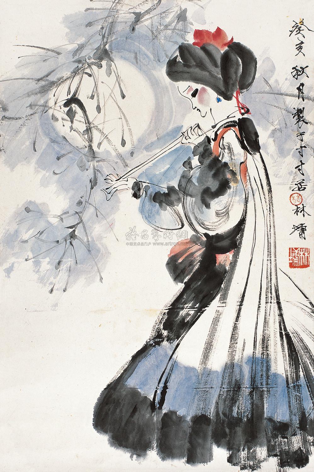 07791983年作月下吹箫立轴设色纸本