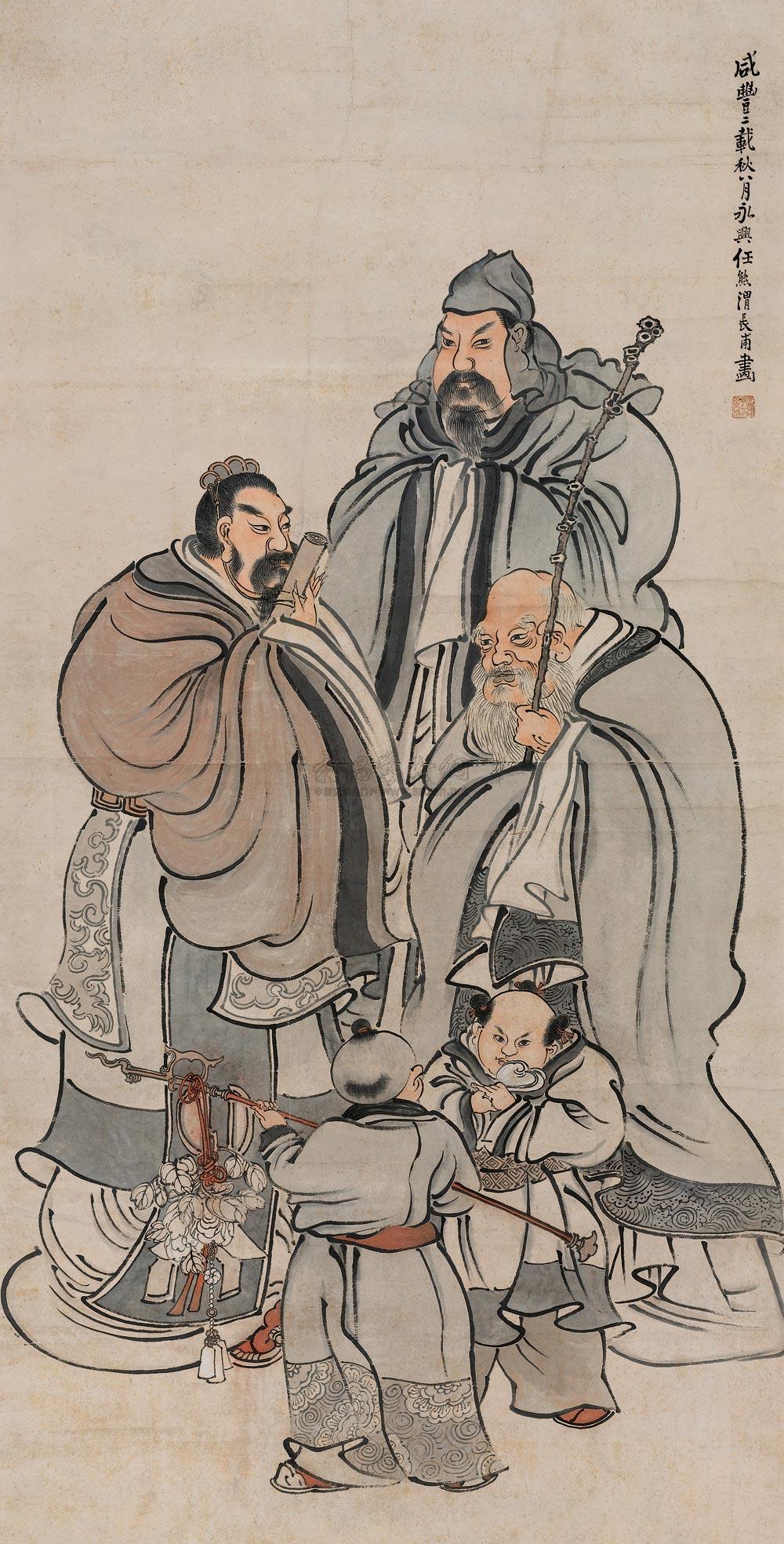 0591咸丰二年1852年作三星拱照立轴设色纸本