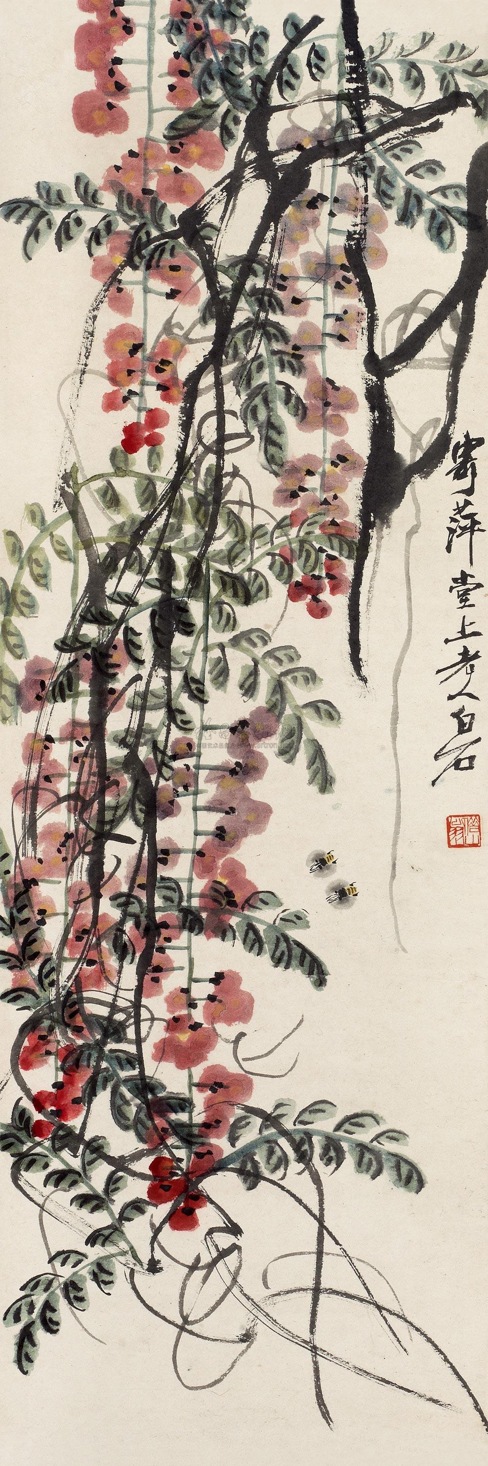 1272紫藤蜜蜂立轴设色纸本