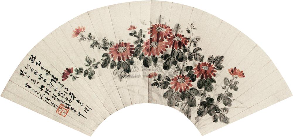0136红菊扇面设色纸本