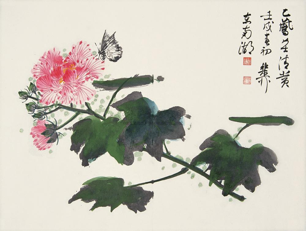 *0014 1982年作 芙蓉蝴蝶 镜心 设色纸本