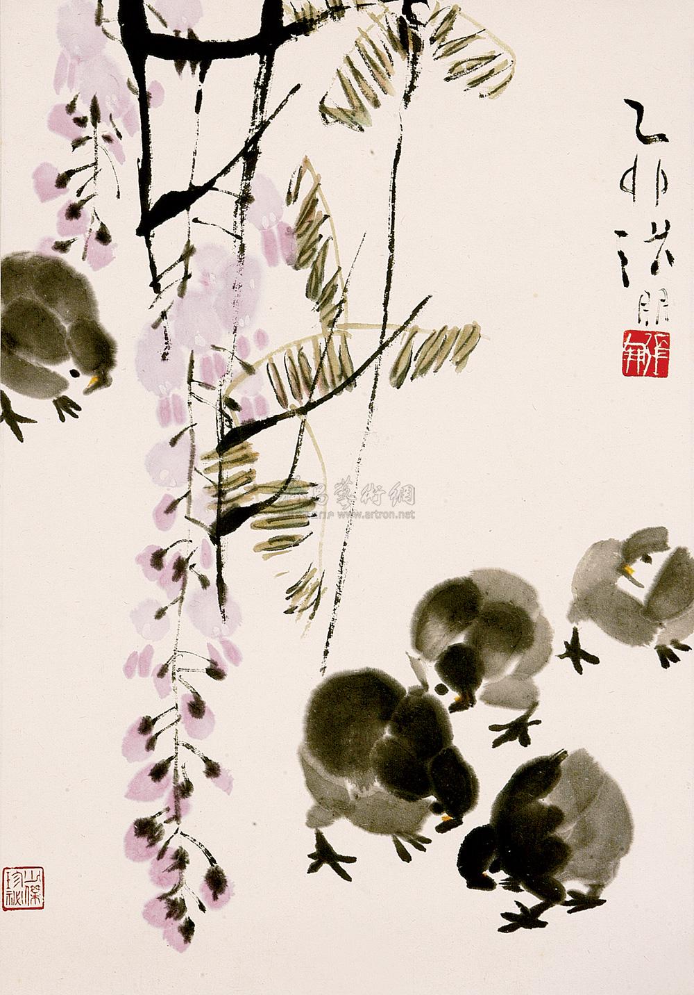 02771975年作紫藤小鸡立轴纸本