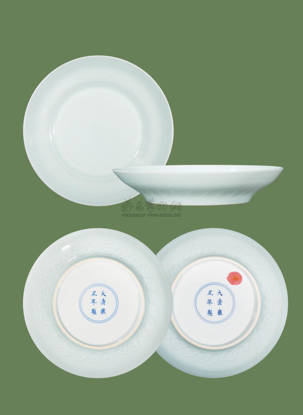 粉青釉浮雕海浪纹盘 (一对)】拍卖品_图片_价格_鉴赏_清代单色釉瓷器