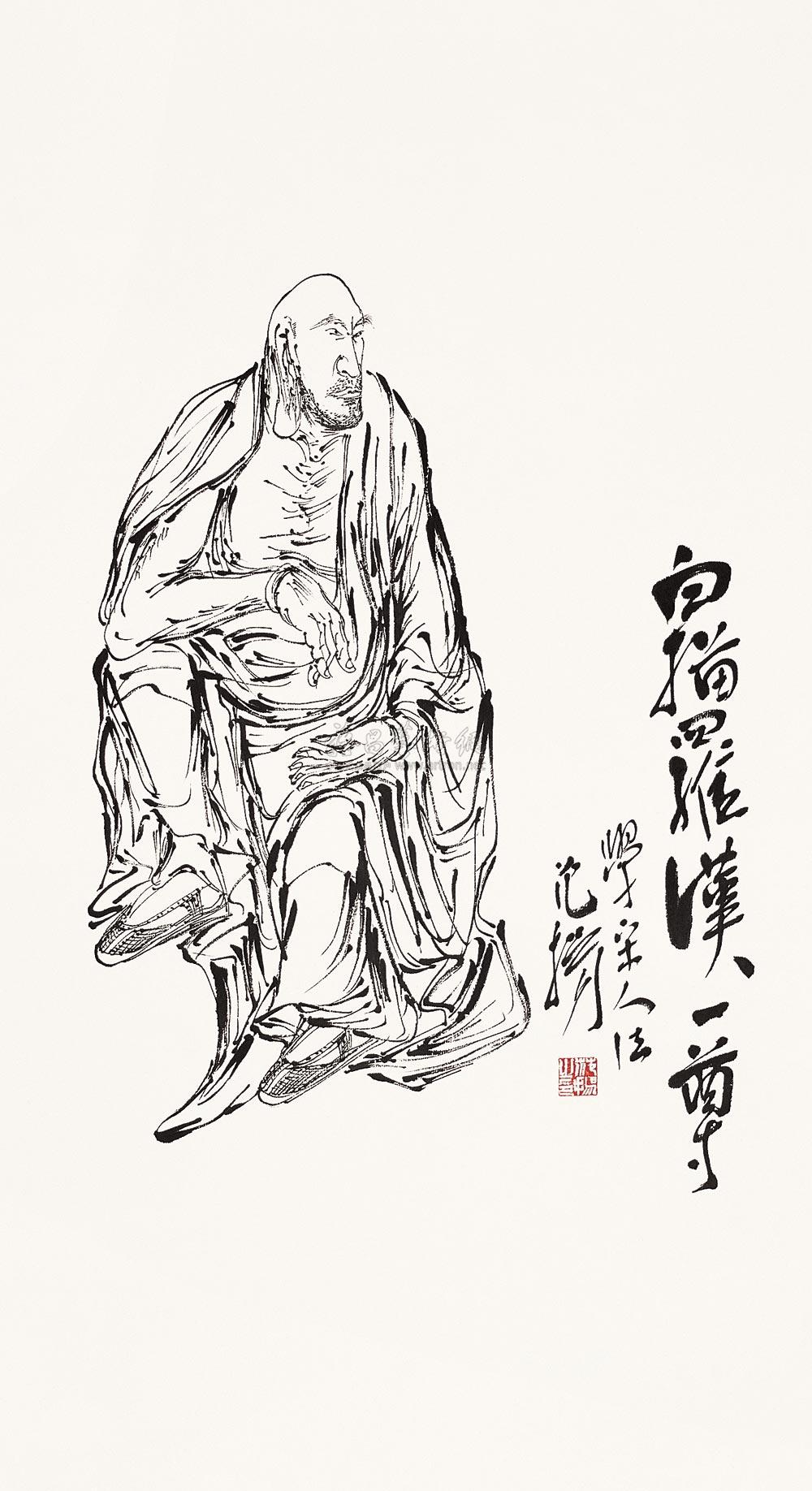 0326 白描罗汉一尊 镜心 水墨纸本