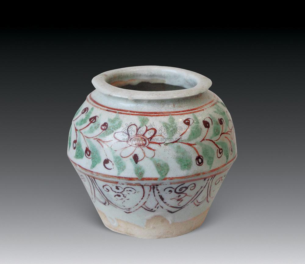 0003元红绿彩菊花小罐