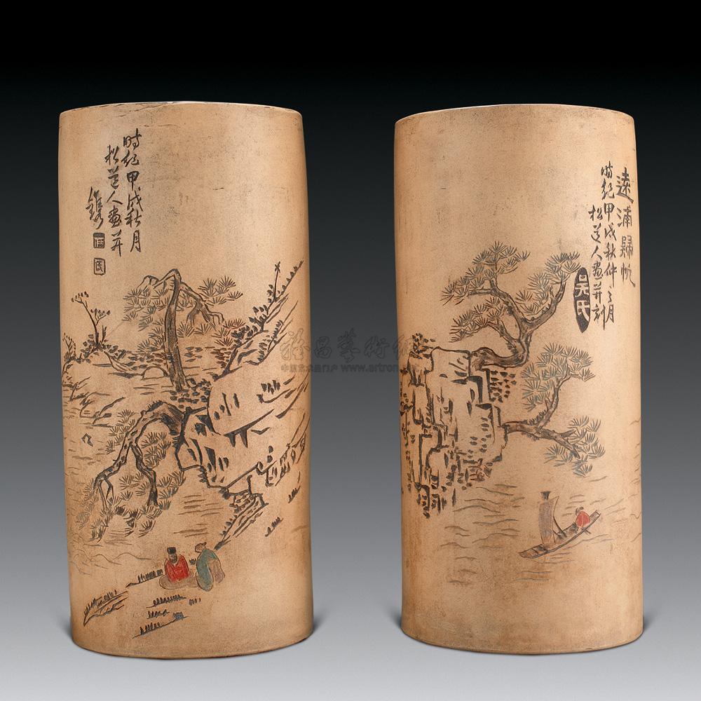 1693民国任淦庭刻紫砂帽筒一对