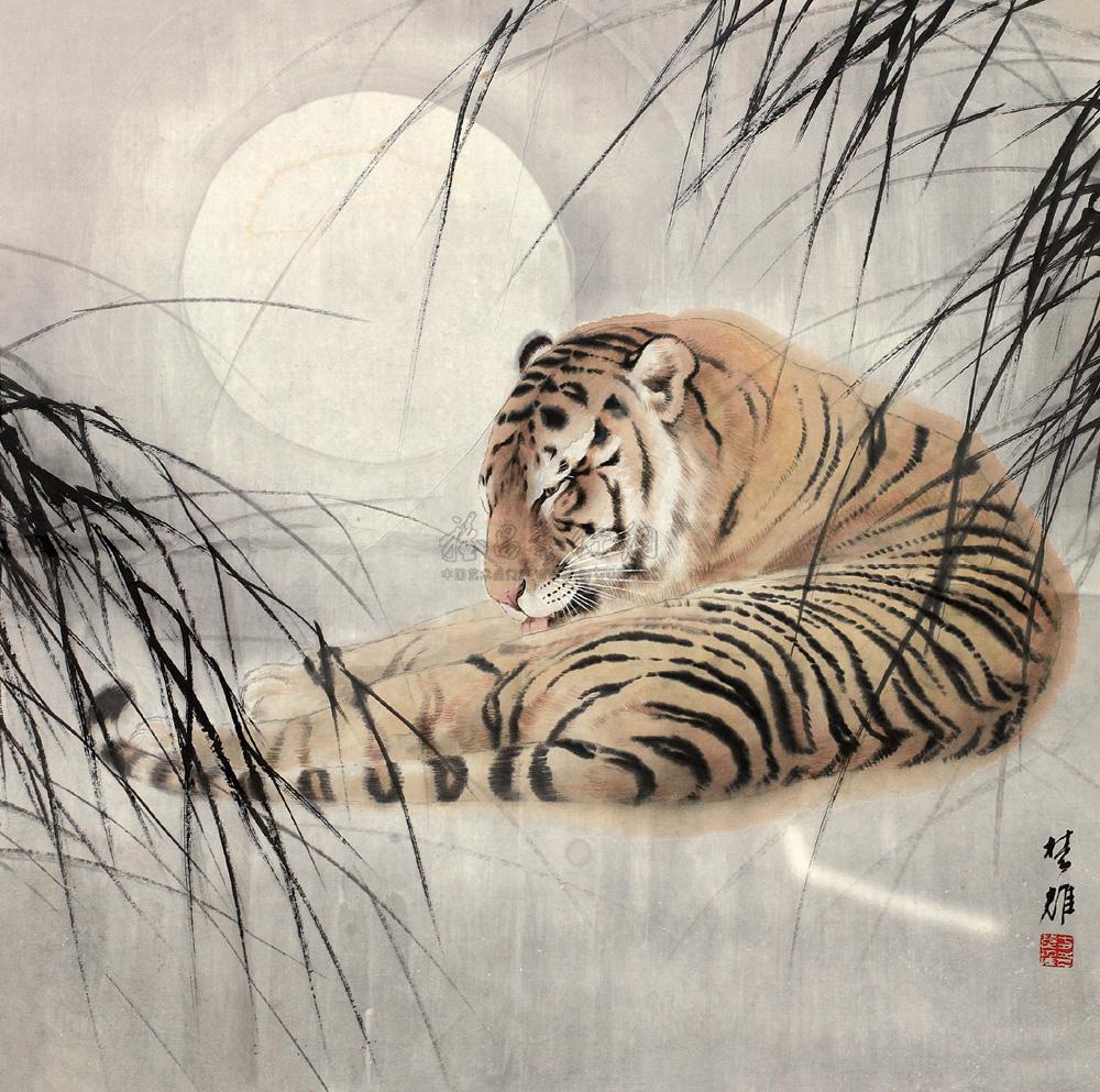1910月下虎啸图镜框设色纸本