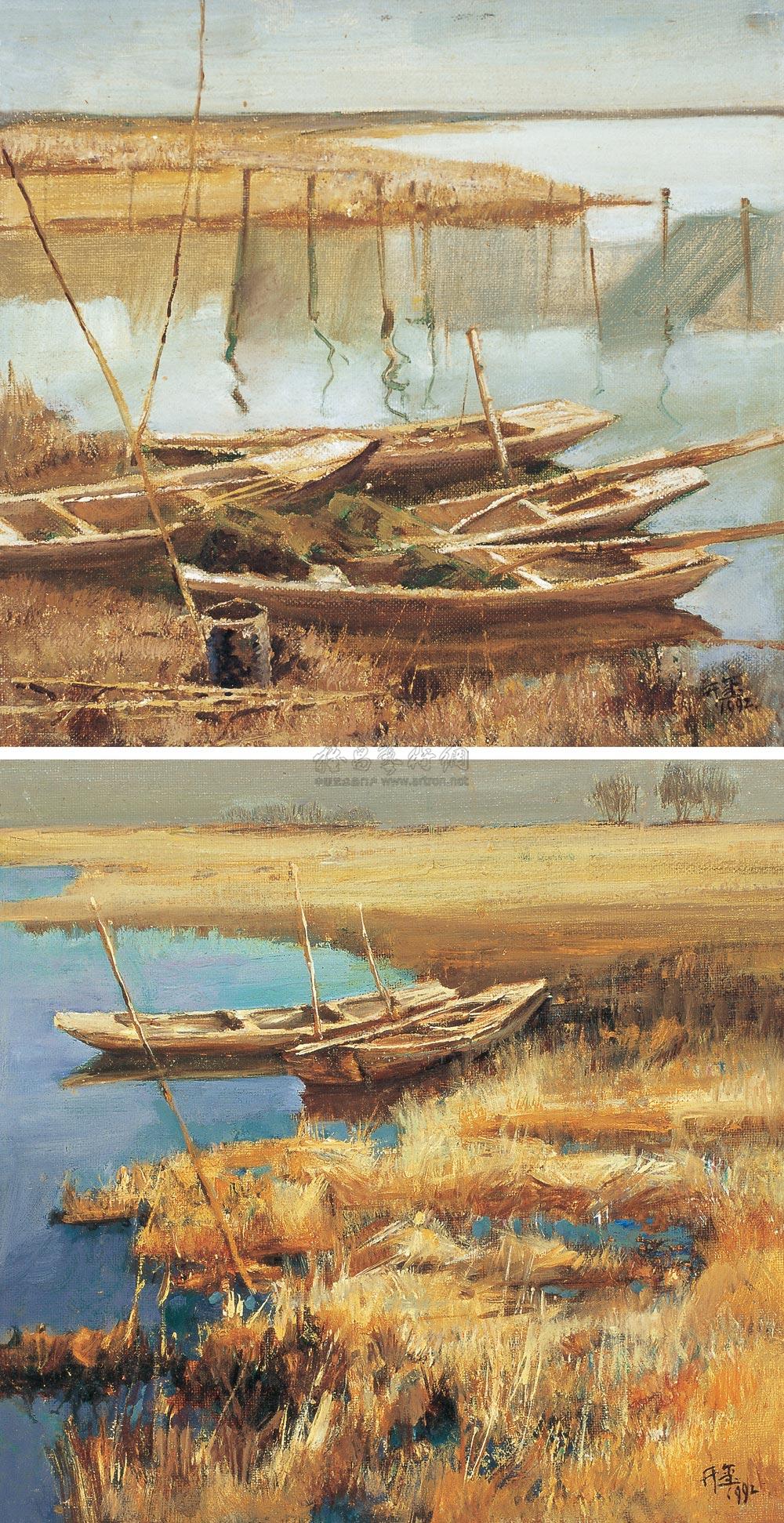 0057 湖边渔船 (两幅) 油彩 画布