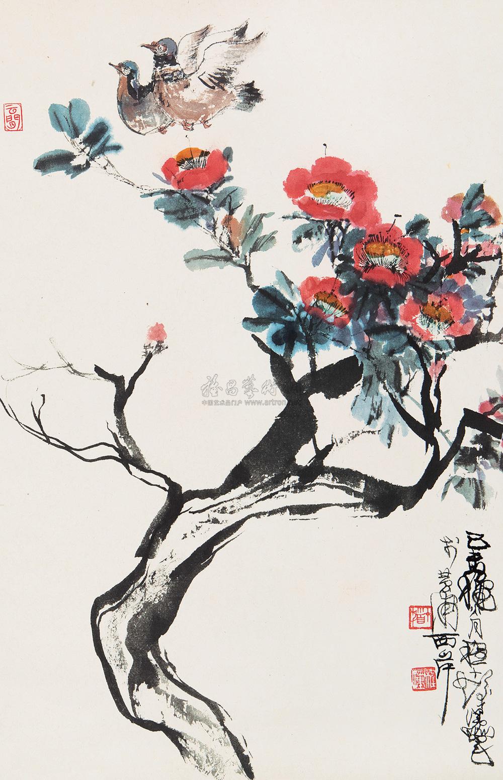 0191 己未(1979年)作 茶树双禽 立轴 纸本