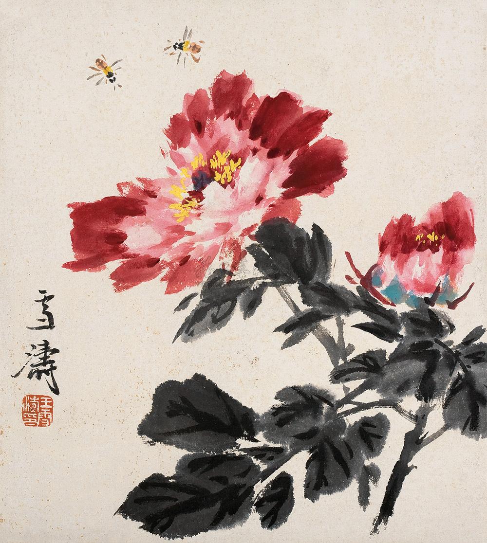 0295牡丹工虫镜心设色纸本