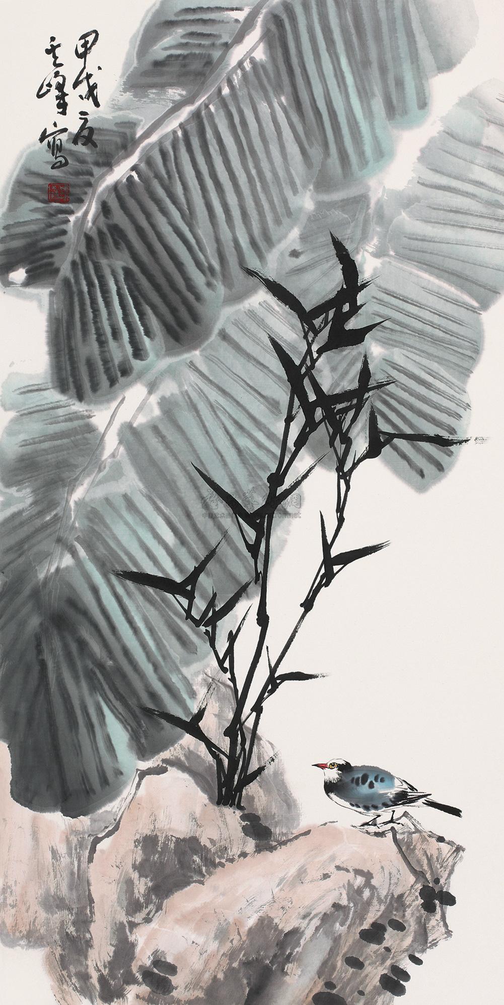 0129芭蕉小鸟立轴设色纸本