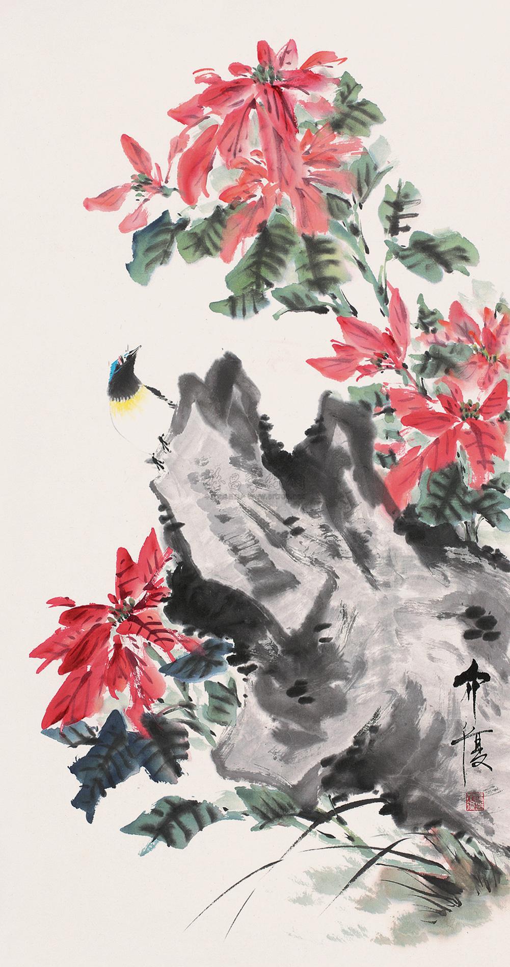 0146红花小鸟镜片设色纸本