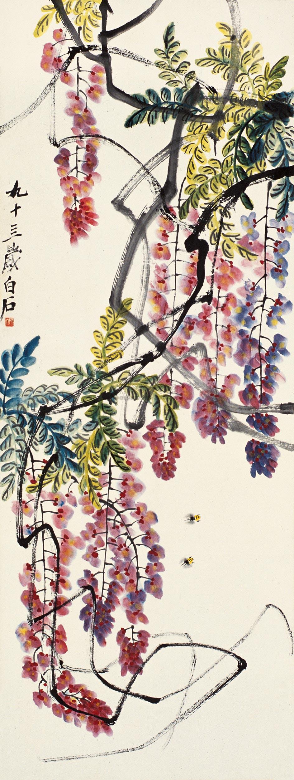 0498紫藤蜜蜂立轴设色纸本
