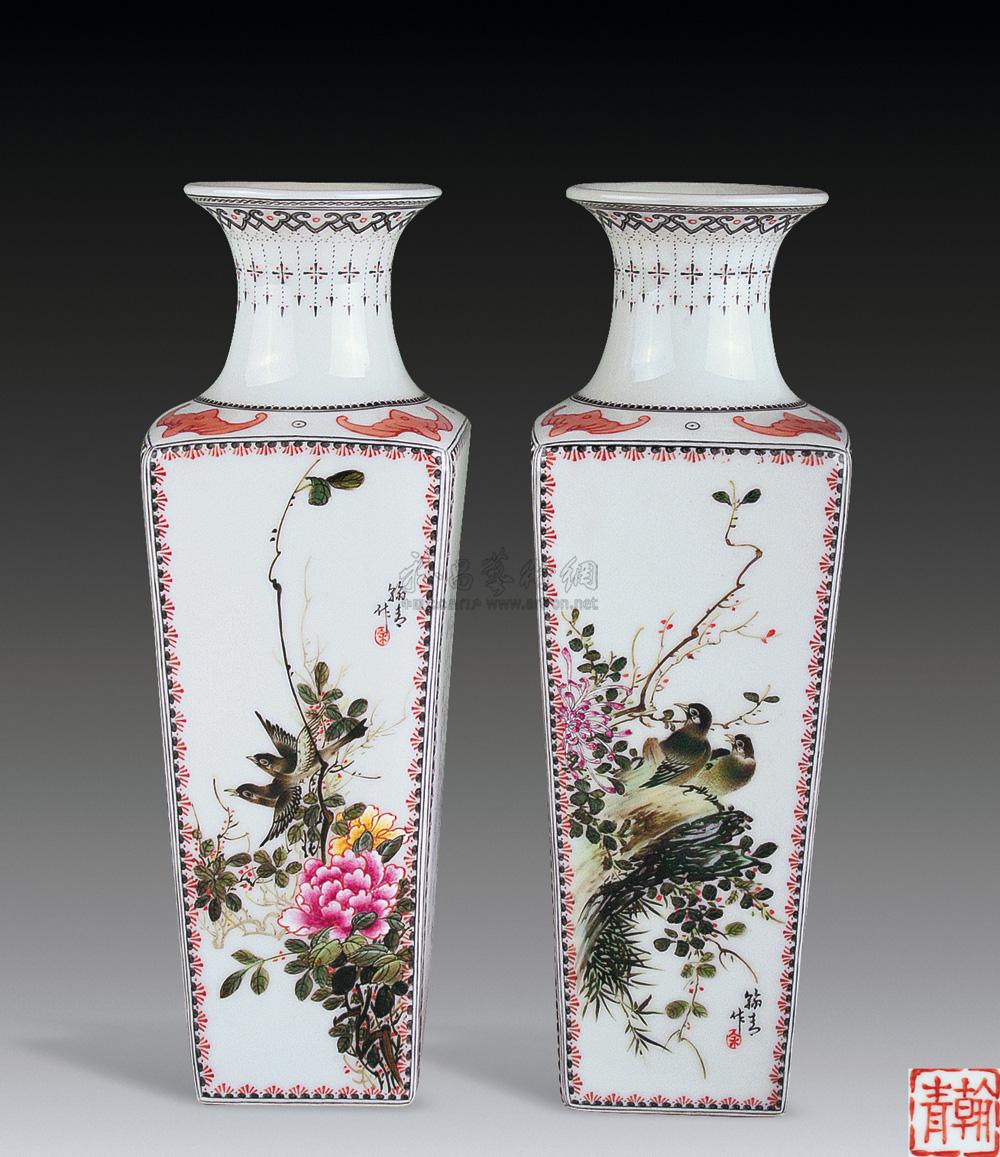【民国 余翰青款粉彩花鸟纹方棒槌瓶 (一对)】拍卖品_图片_价格_鉴赏