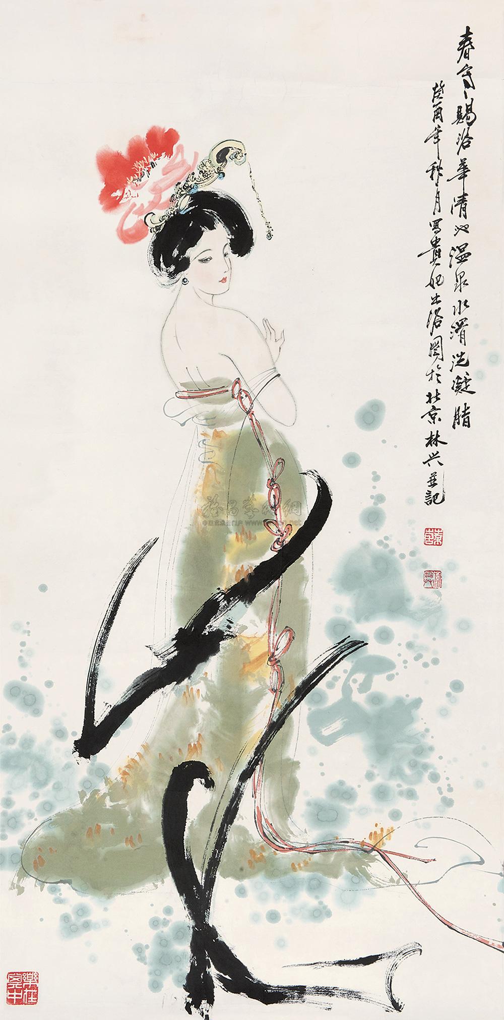 01641993年作贵妃出浴图镜心水墨纸本