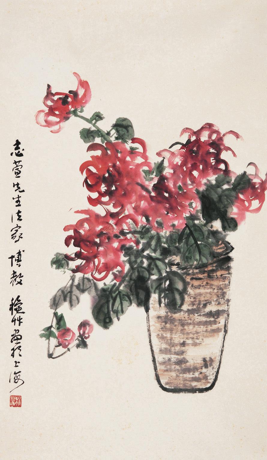 0133瓶菊图镜片设色纸本