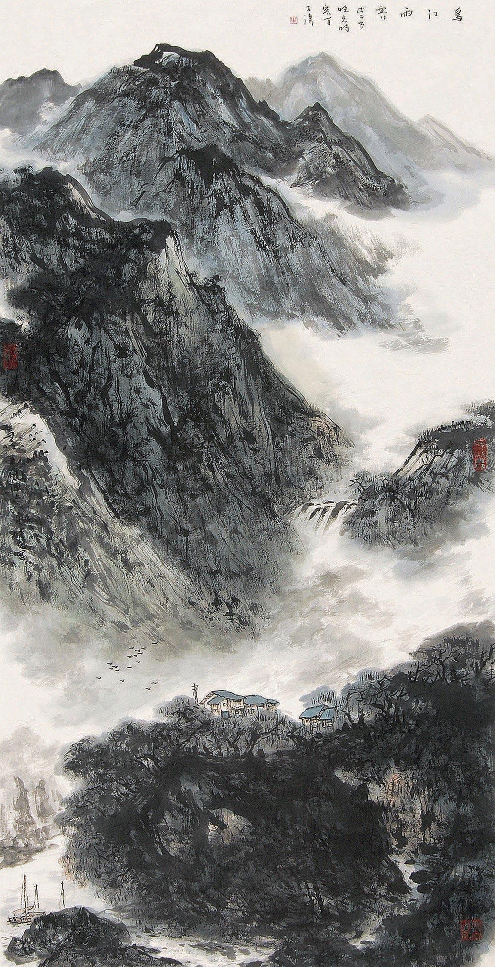 0398乌江雨霁镜心设色纸本