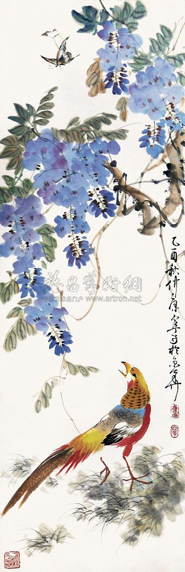 1026紫藤锦鸡立轴纸本