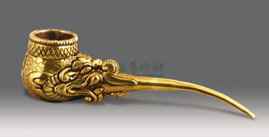 0204清铜鎏金龙首烟斗