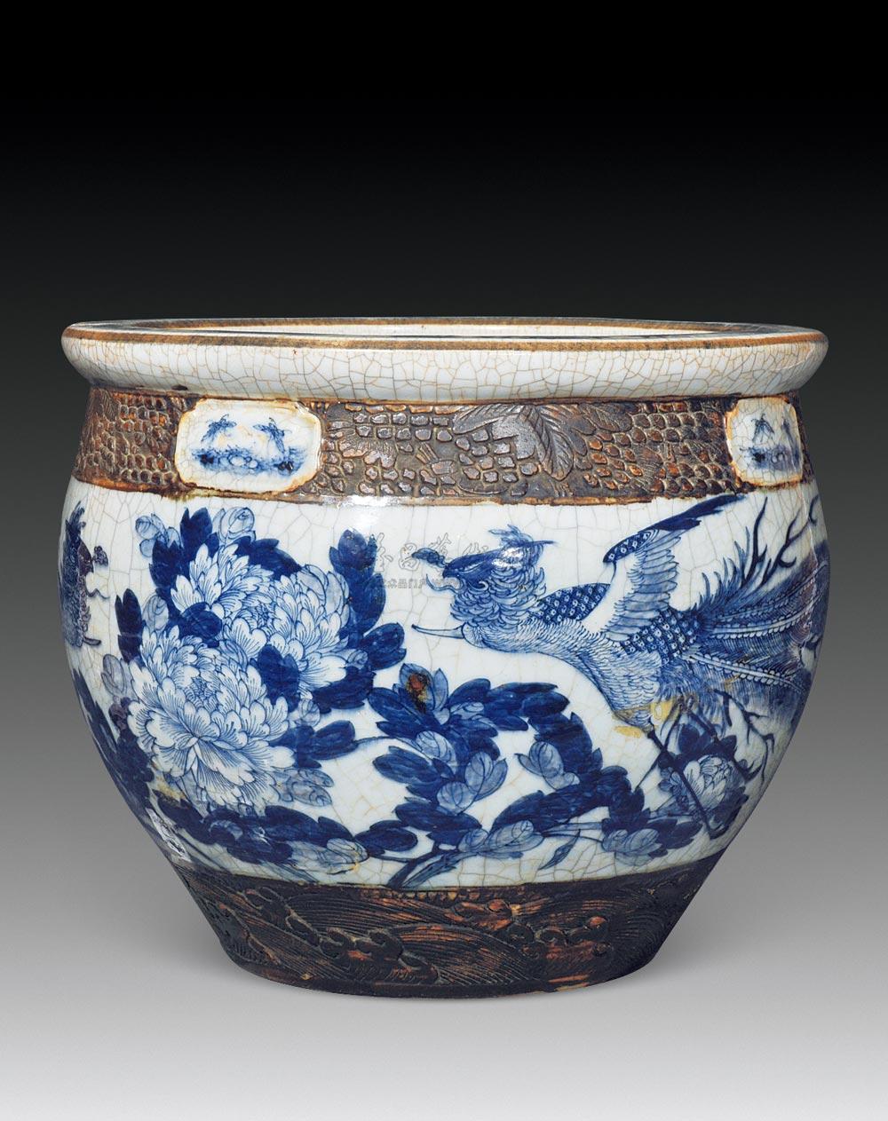 【清道光 哥釉青花花鸟卷缸】拍卖品_图片_价格_鉴赏_清代青花瓷器