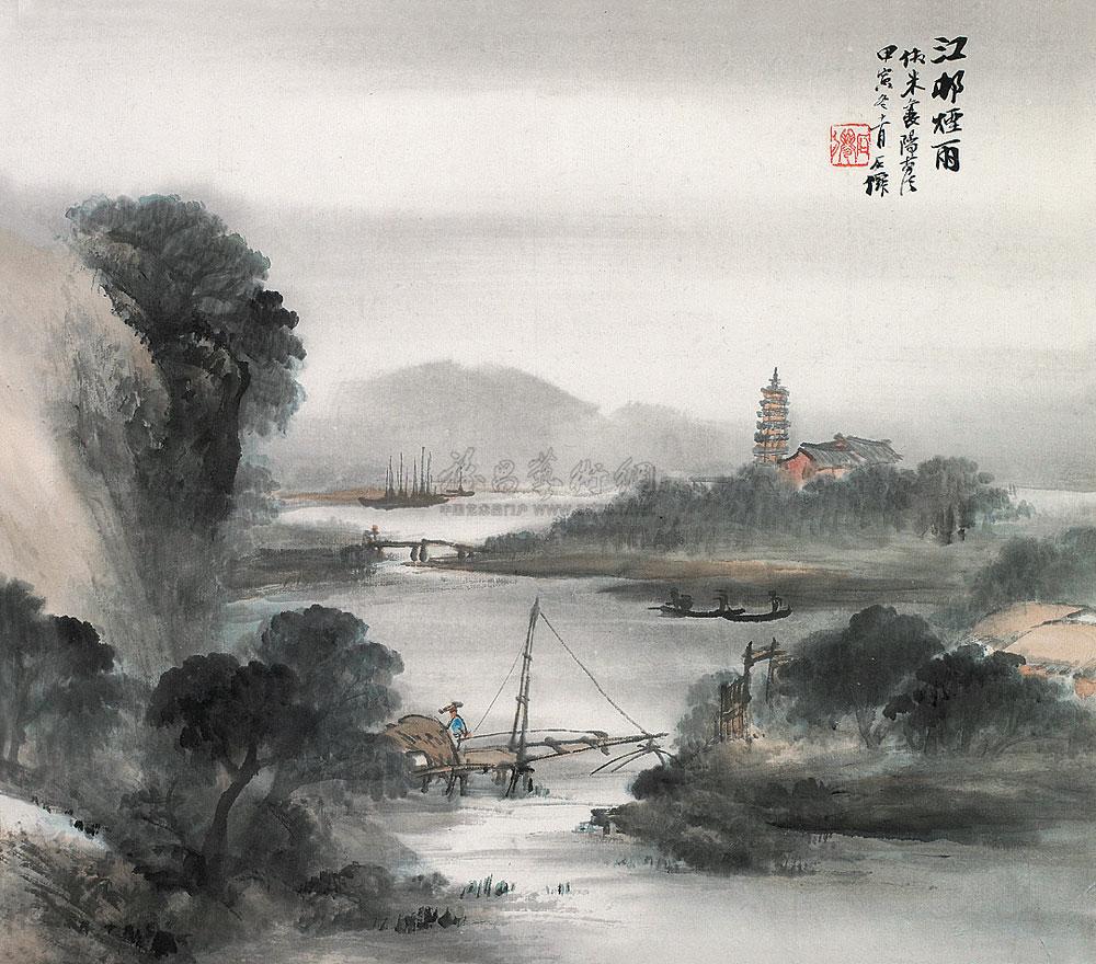 【江村烟雨 镜心 纸本设色】拍卖品_图片_价格_鉴赏_绘画_雅昌艺术品
