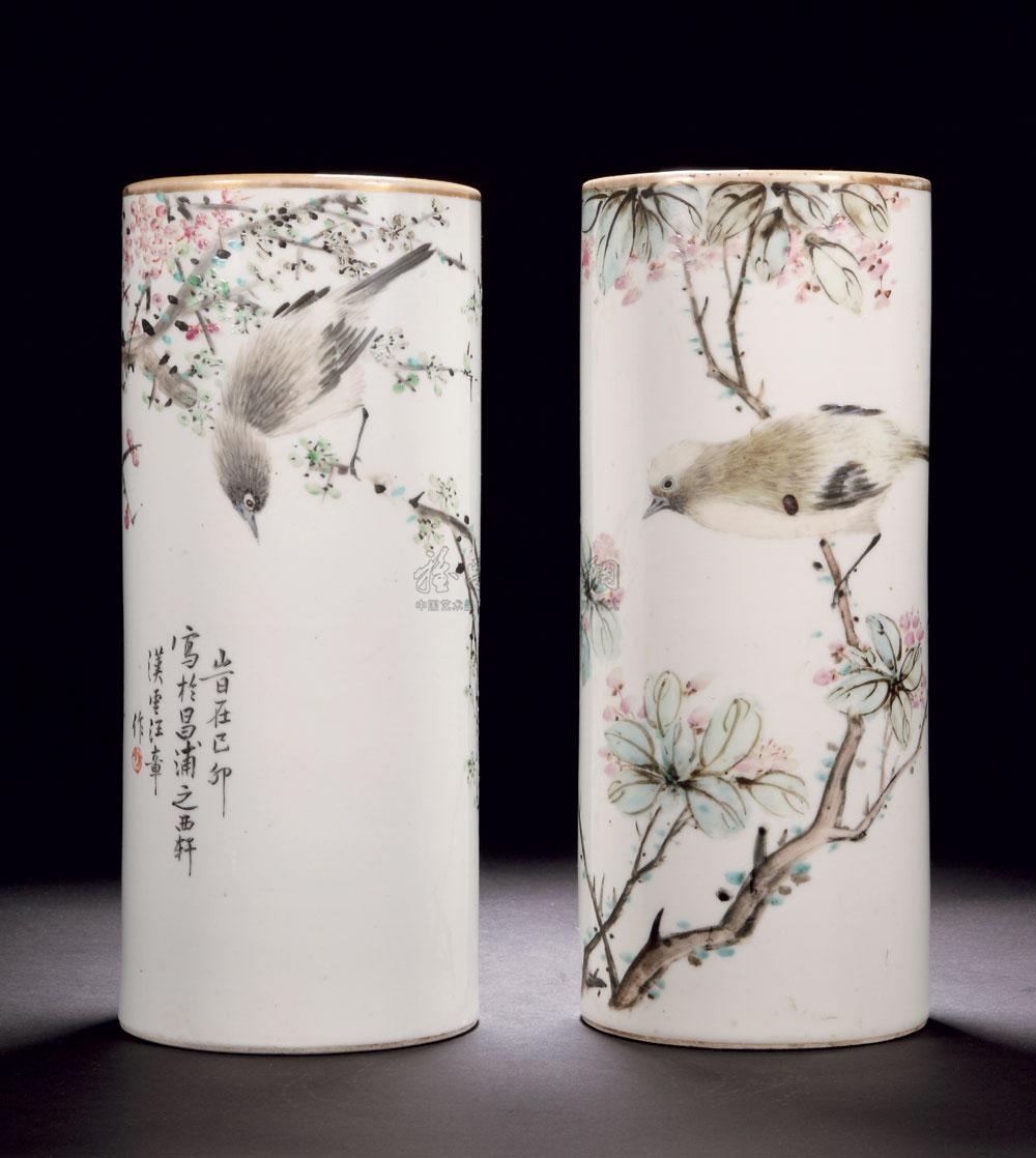 3158清光绪汪章浅绛彩花鸟纹帽筒一对