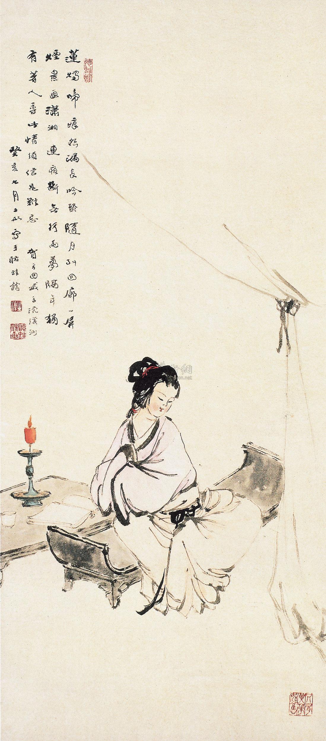 1487 1983年作 烛夜思诗图 立轴 设色纸本
