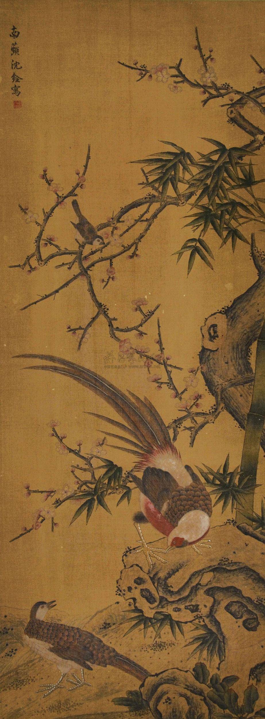 0091工笔锦鸡立轴绢本