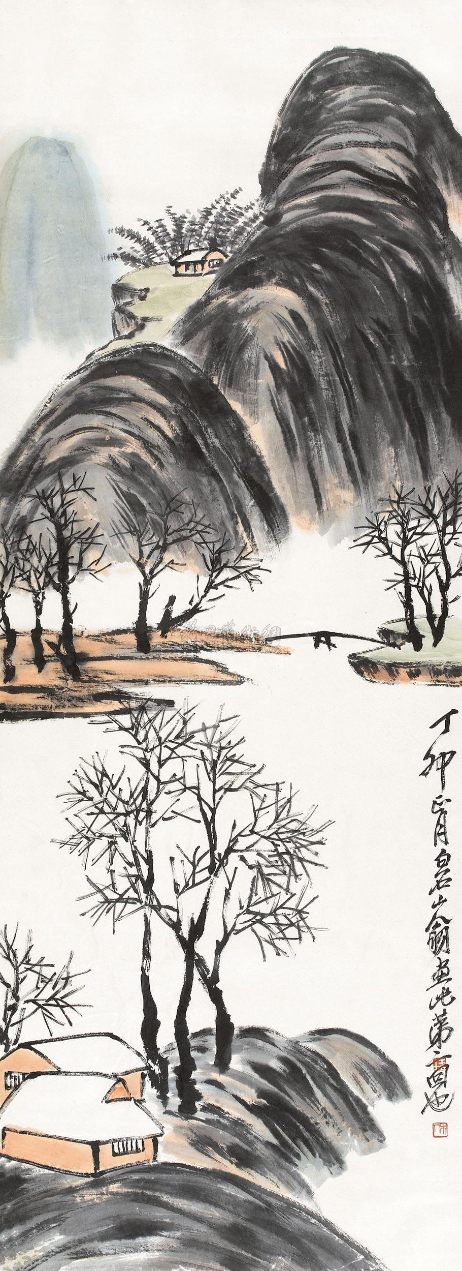 0054 1927年作 溪山枯木 镜心 设色纸本