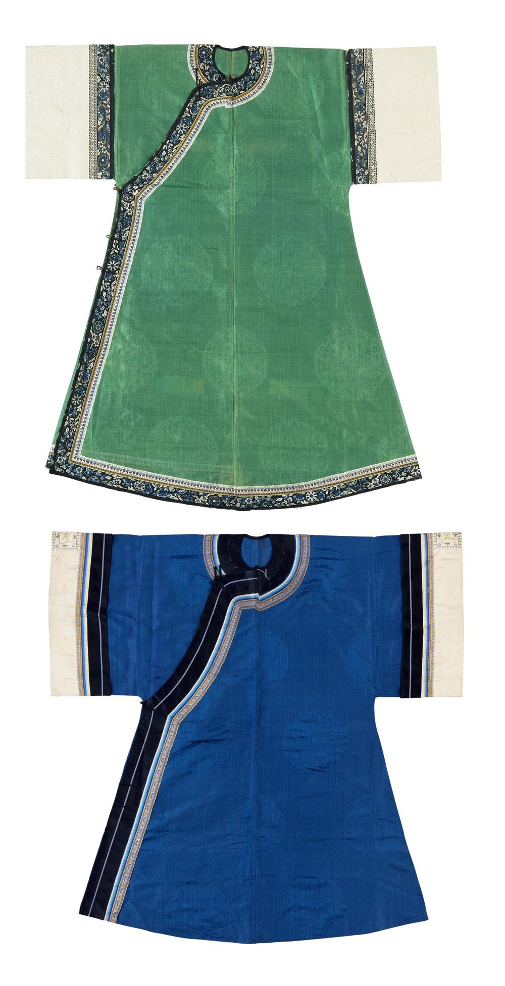 1129 清同治 清晚期 绿色团龙纹暗花纱衬衣 蓝色团