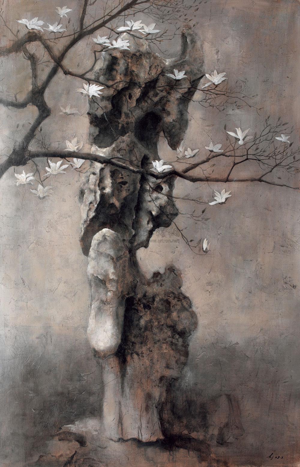 0798 2003年作 白玉兰与太湖石 布面油画