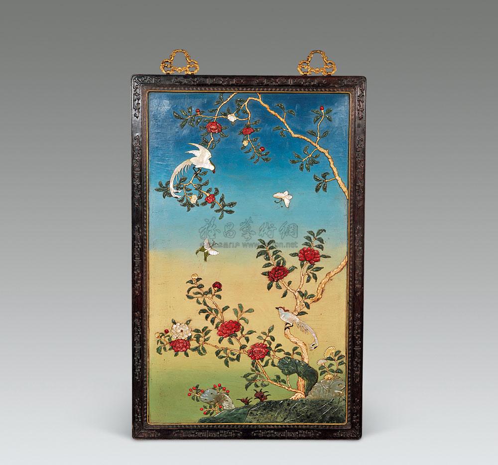 5655清紫檀嵌百宝花鸟纹挂屏