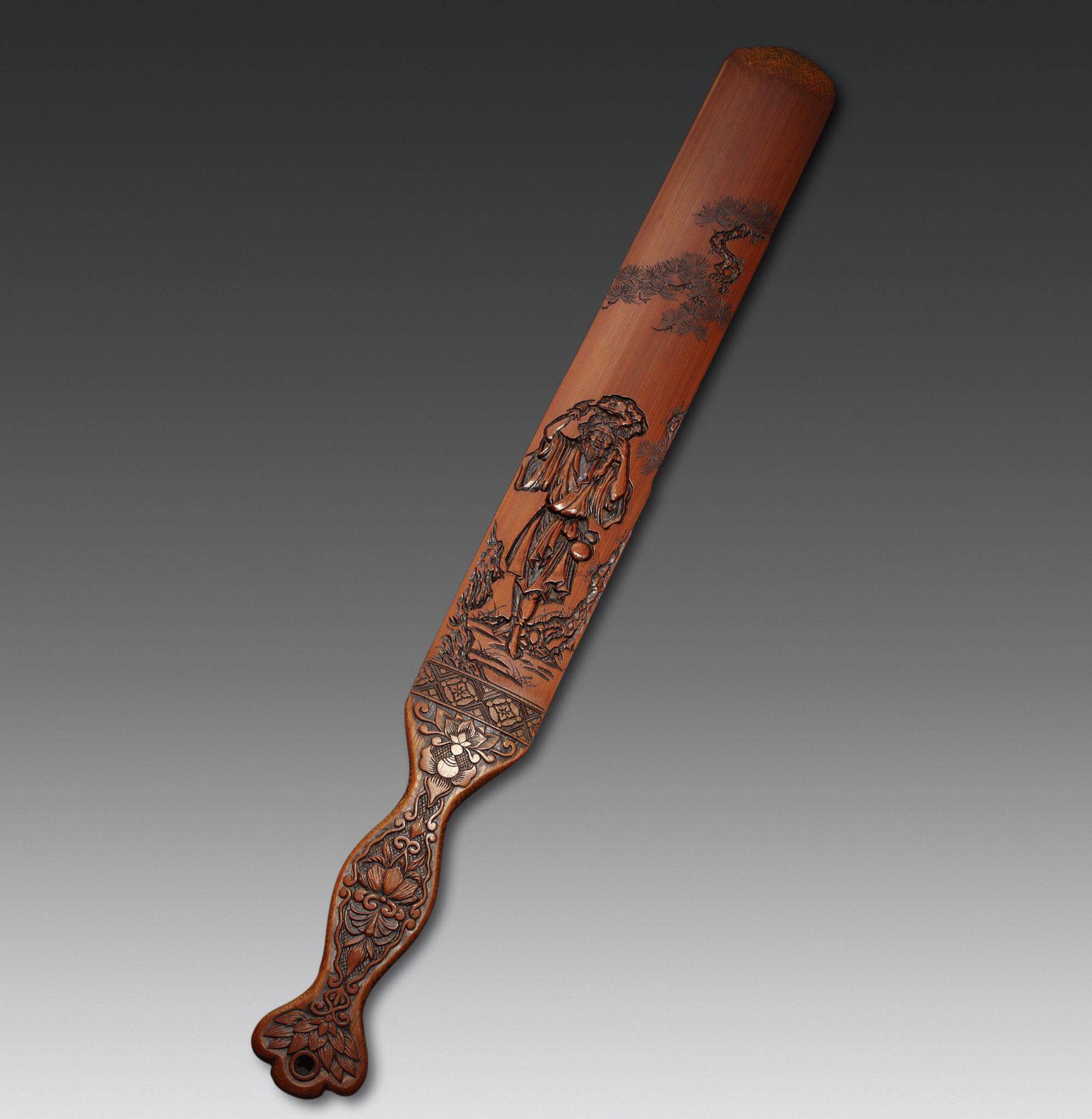 0550明竹雕留黄刘海戏金蟾戒尺