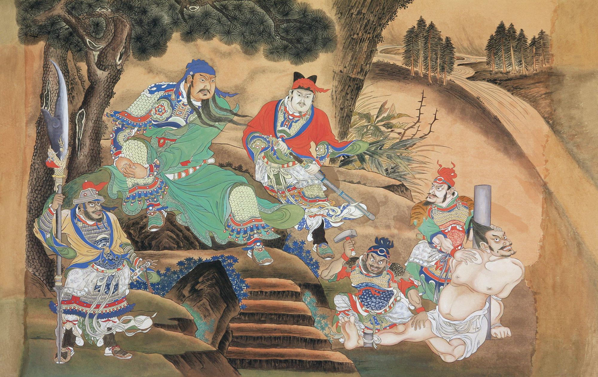 0261关羽擒将图镜心设色纸本