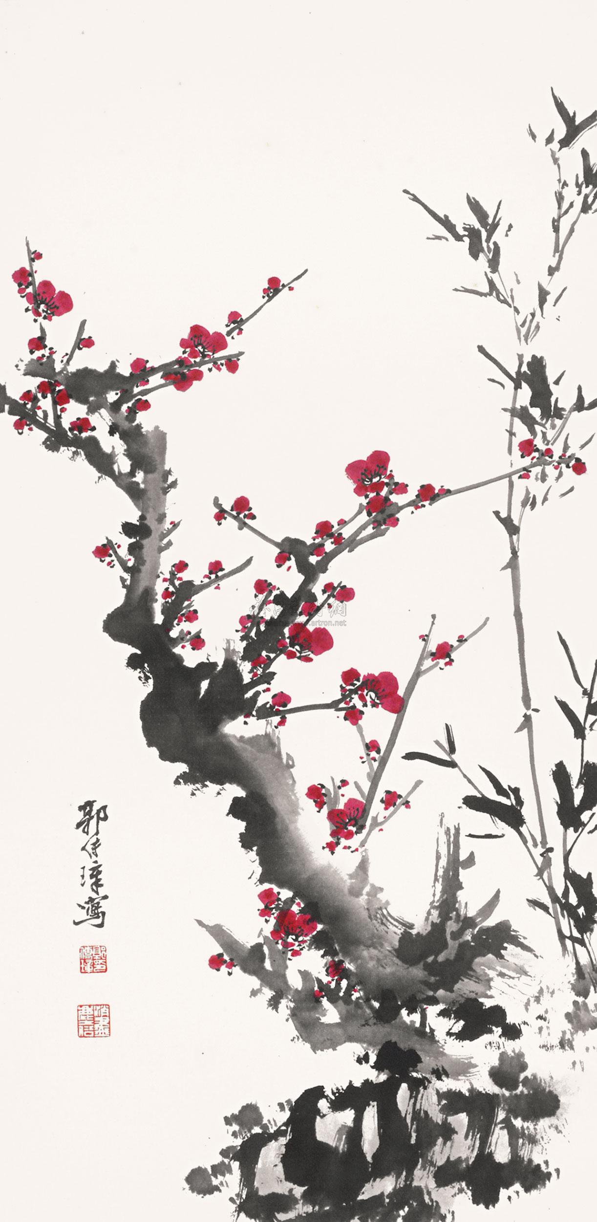0064 竹子梅花 镜框 设色纸本