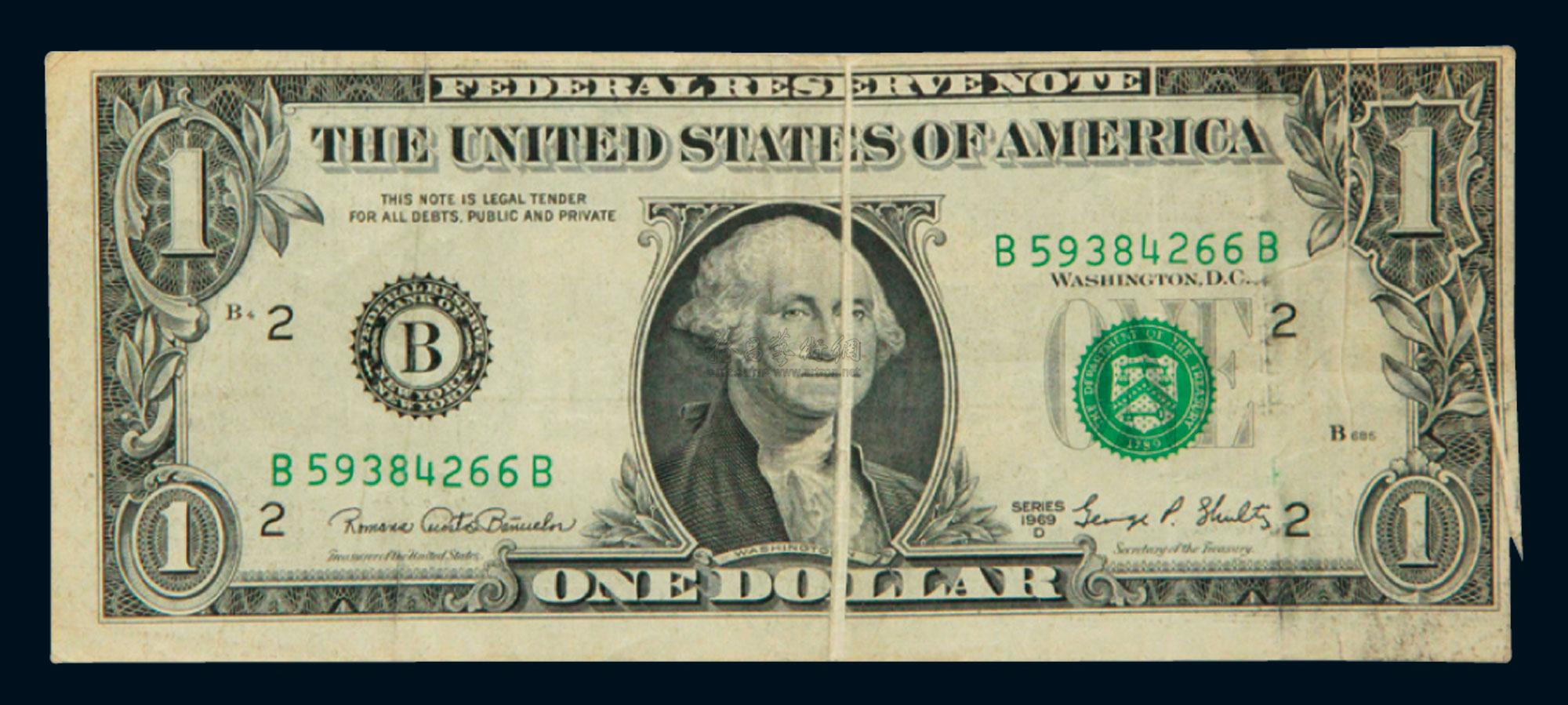 【1969年版华盛顿像美金1元折白变体一枚】拍卖品