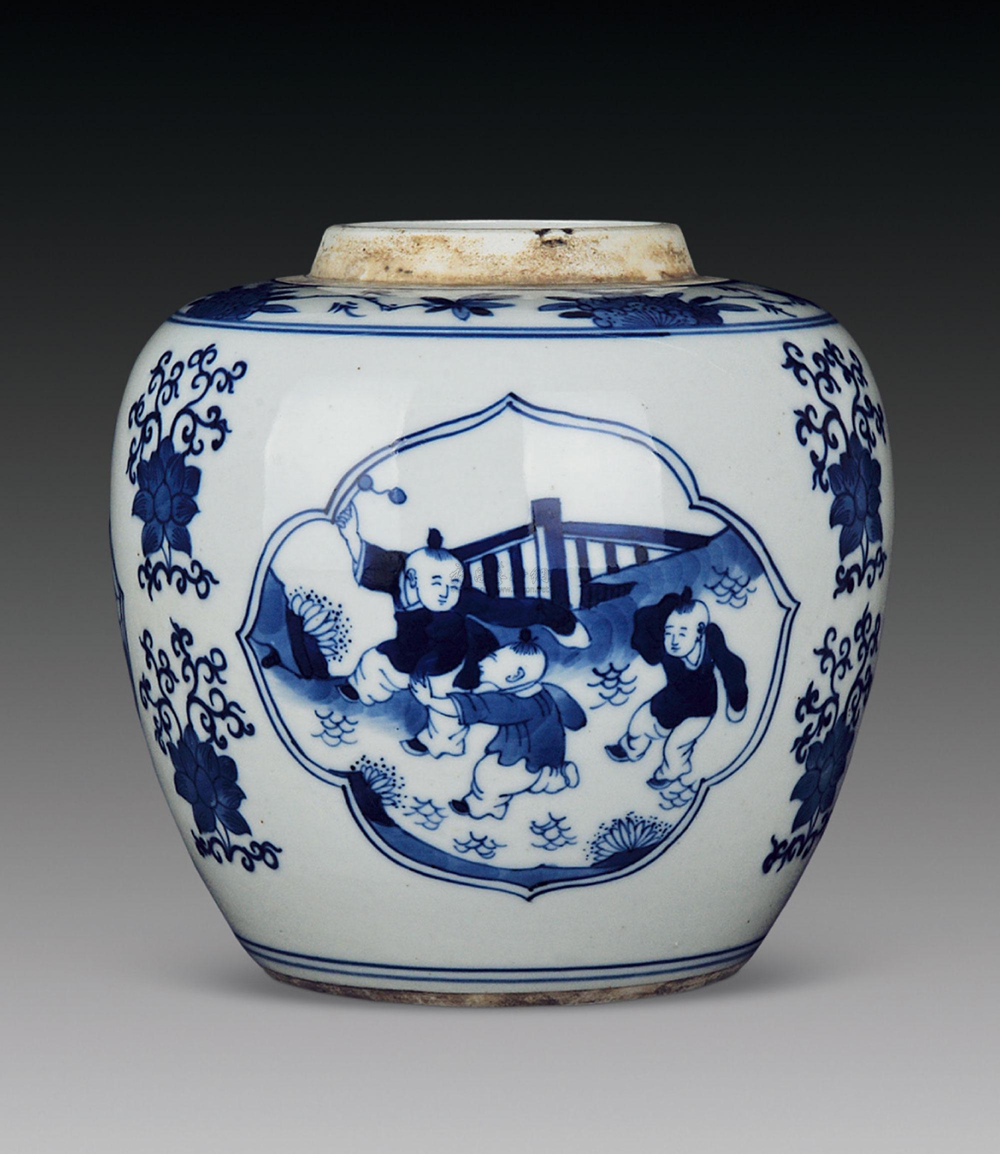 0009 清乾隆 青花婴戏纹赏罐